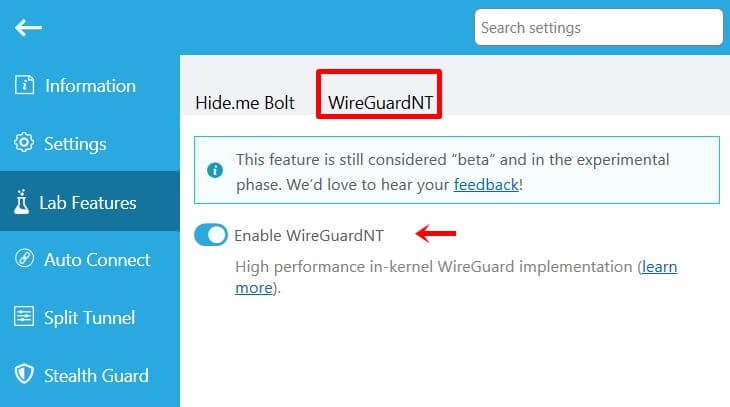 enabling hide.me WireGuardNT