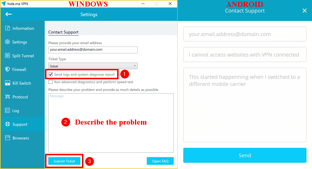 Submitting support ticket from hide.me VPN client on Windows and Android when cannot access websites