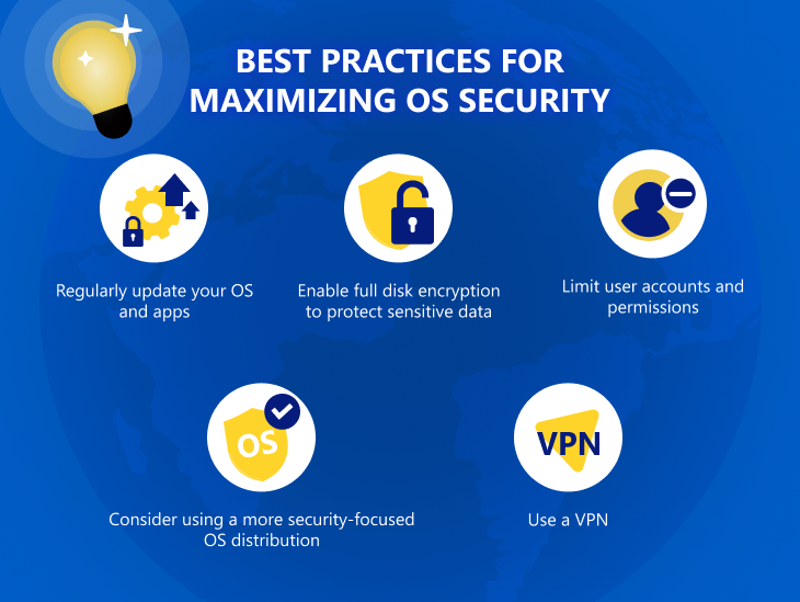 Best practices for maximizing OS security
Regularly update your OS and apps
Enable full disk encryption to protect sensitive data
Limit user accounts and permissions
Consider using a more security-focused OS distribution
Use a VPN