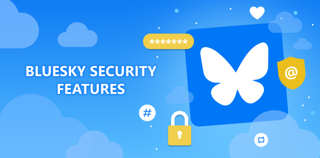 Bluesky security features. Is Bluesky safe? Bluesky logo with VPN shield and a lock. Left is title: Bluesky security features.