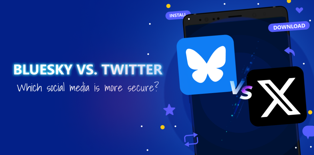 Bluesky vs. Twitter – Which social media is more secure? Image of a cellphone with Bluesky and Twitter logo with Vs. between them. Left is title: Bluesky vs. Twitter which social media is more secure.