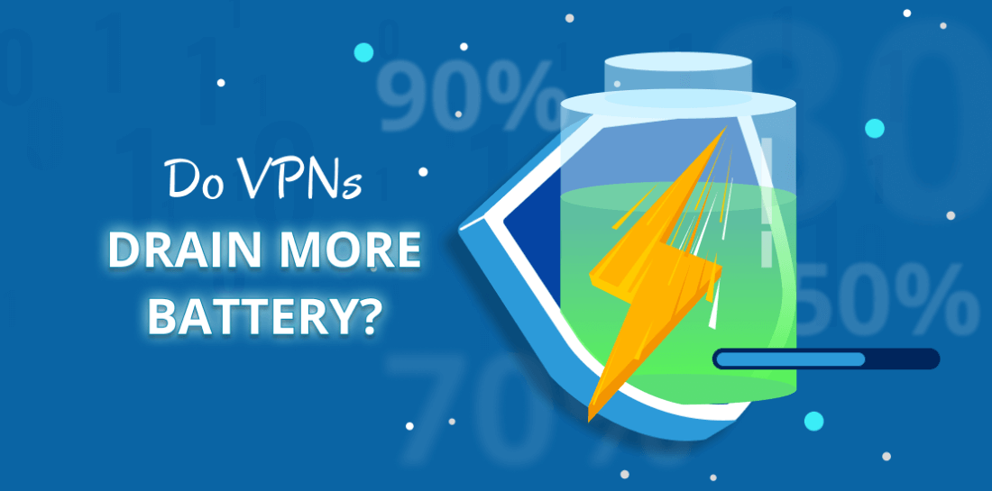 Does VPN drain battery faster? Image of a VPN shield and power sign with title: Do VPNs drain more battery?