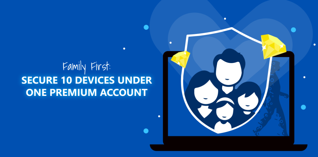 Family first: Secure 10 devices under one hide.me VPN Premium account VPN shield with family photo in it. Left is title: Family first. Secure 10 devices under one premium account.