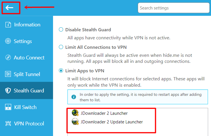 hide.me stealth guard limit apps to VPN list
