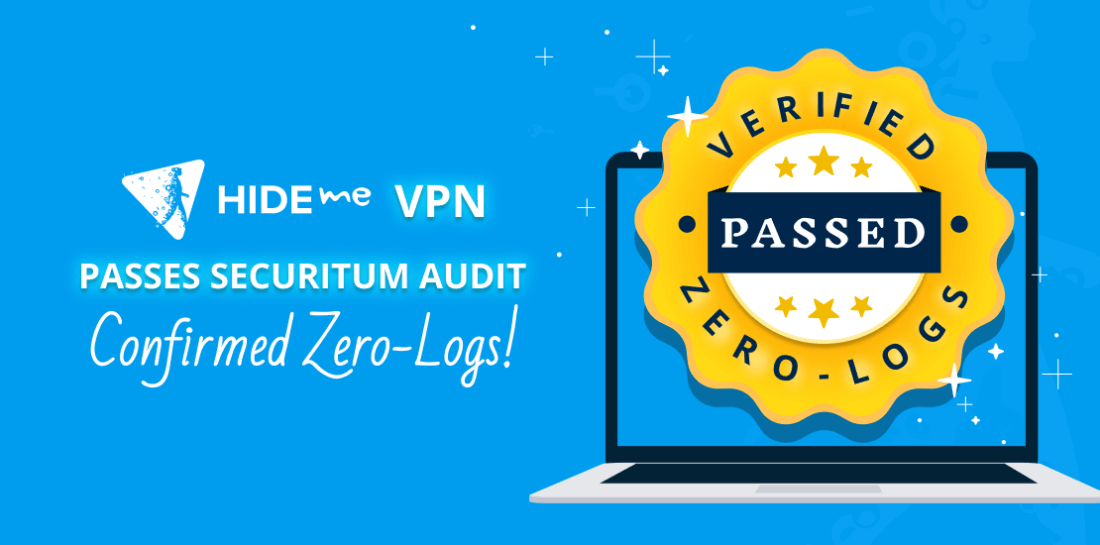 Independent Auditor Reconfirms hide.me VPN No-Logs Policy Image of a seal with words "passed verified zero logs" and title: Hide.me VPN passes Securitum audit. Confirmed zero logs!