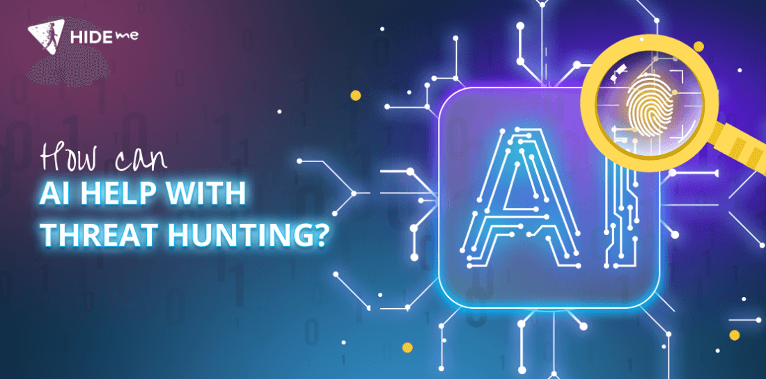 How Can AI Help With Cyber Threat Hunting? Image of magnifying glass with leeters AI and writing How can AI help with cyber threat hunting