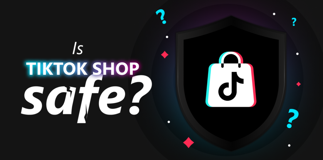 Is TikTok shop safe? Secure your shopping experience with these tips. VPN shield with shopping bag and TikTok logo. Left is title: Is TikTok shop safe?