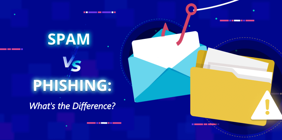 Spam vs. phishing: What’s the difference? Image of mail and folder with warning sign. Title is: Spam vs. phishing: What's the difference?