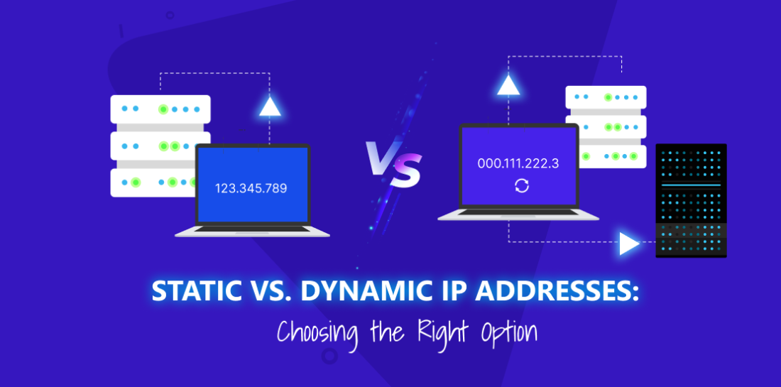 Static vs. dynamic IP addresses: Choosing the right option Left is computer and sever with static IP address. Right is computer and server with dynamic IP address. Between are letter vs. Below is title: Static vs. dynamic IP addresses. Choosing the right option.