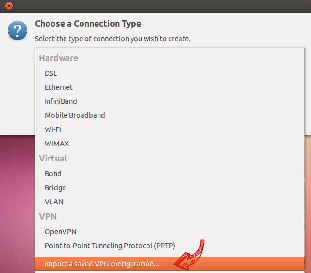 Click on &quot;Import a saved VPN configuration...&quot;.