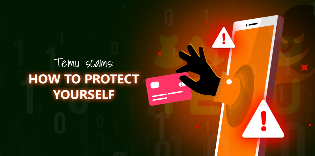 Temu scams: How to recognize them and protect yourself Hand emerging from cell phone and stealing credit card. Cellphone is in typical Temu orange colour. Left is title: Temu scams: how to protect yourself.