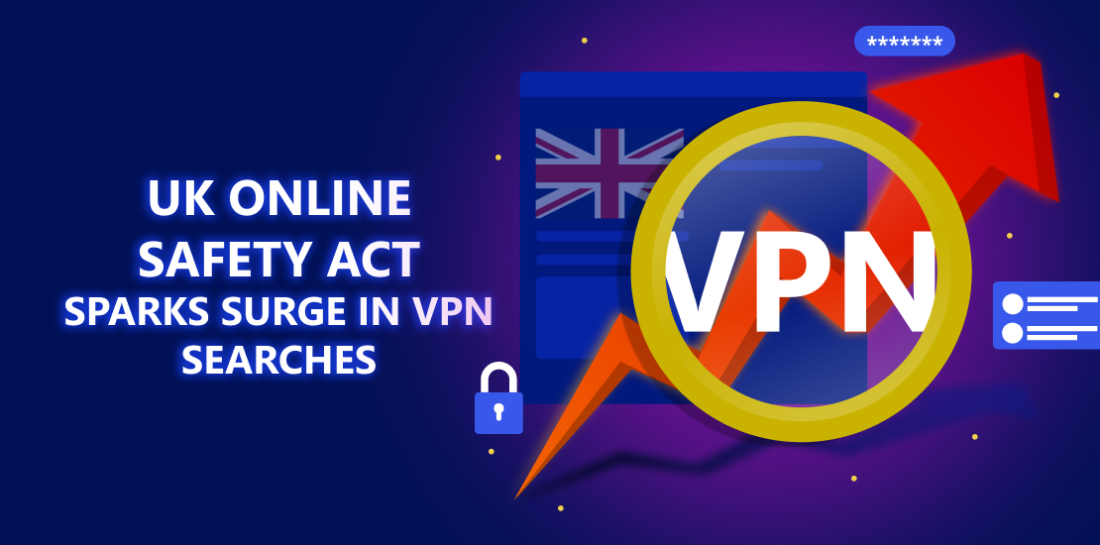 UK Online Safety Act sparks surge in VPN searches British flag with arrow pointing forward showing the rise of VPN searches. Left is title: UK online safety act sparks surge in VPN searches.