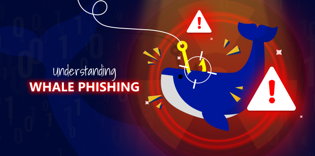 Understanding whaling phishing: How does it target high-ranking individuals? Whale attached to fishing hook with warning signs around it. Left is title: Undarstanding whale phishing.