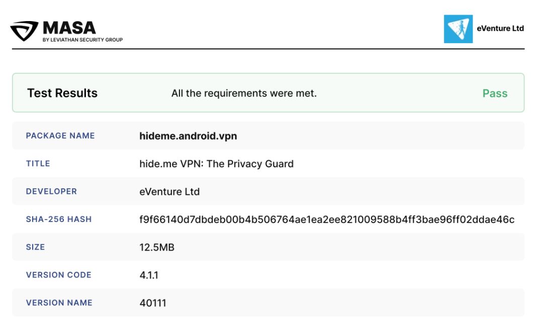 screenshot of MASA audit of hide.me VPN. hide.me passed audit and earned independent security review badge on goolge store.