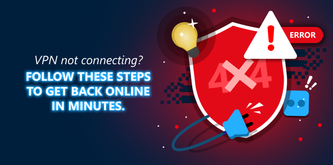 VPN not connecting? Follow these steps to get back online quickly. VPN shield with 404 status code on it. Left is title: VPN not connecting? Follow these steps to get back online in minutes.
