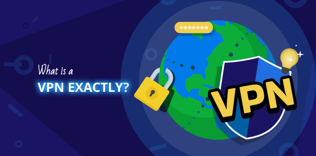 What is a VPN Exactly? It Is the Best Protection You can Choose. Image of a globe, VPN shield and a lock with title: What is a VPN exactly