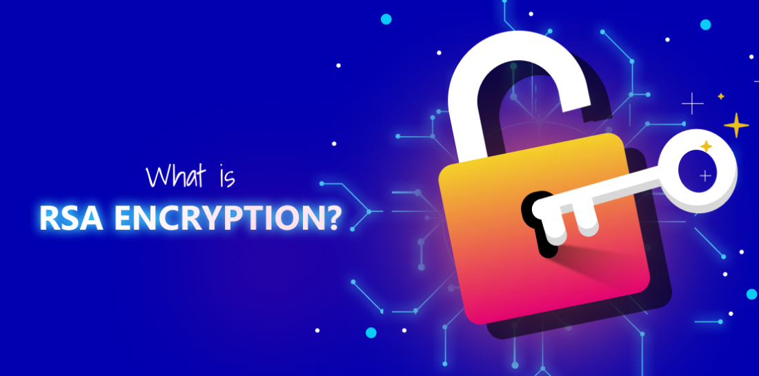 RSA encryption explained. What is it and why is it important? Image of a lock and key. Left is a title: What is RSA encryption?