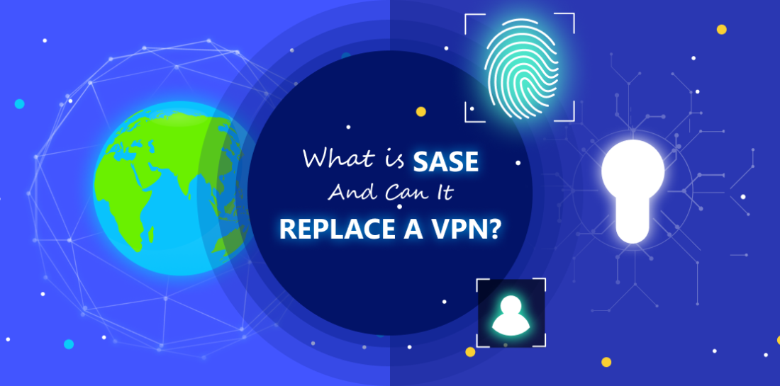 What is SASE, and can it replace a VPN? (Thorough guide) Image of a globe, fingerprint and lightbulb. In the middle is a sentence: What is SASE and can it replace a VPN?