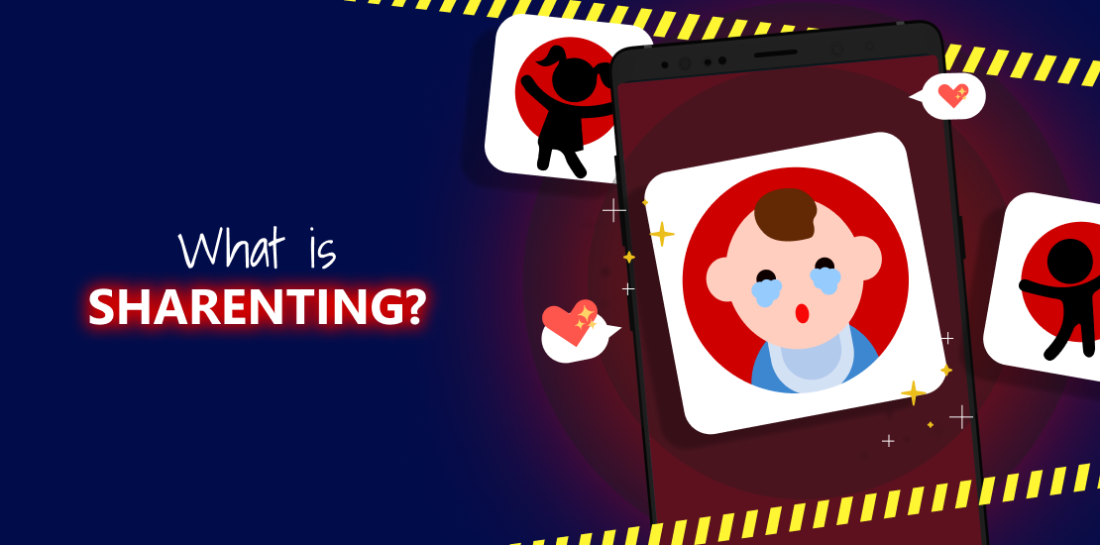 Sharenting – is it a new danger for your child and how to protect it? Image of a child shared on cellphone. Left is title: What is sharenting?