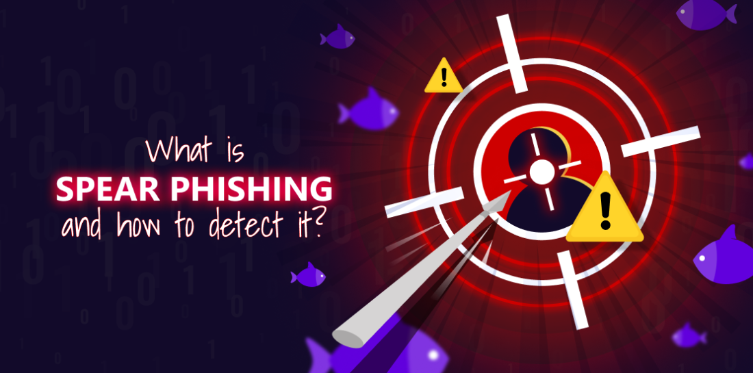 Beware of spear phishing! One email could destroy everything! Human silhouette on target with spear flying towards it. This simbolizes spear phishing cyber attack. Left of it is title: What is spear phishing and how to detect it?